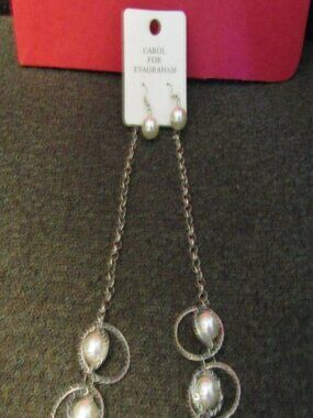 NOC EVAGRAHAM Faux Pearl Pierced Earrings CIRCLES IN CIRCLES Silvertone NECKLACE